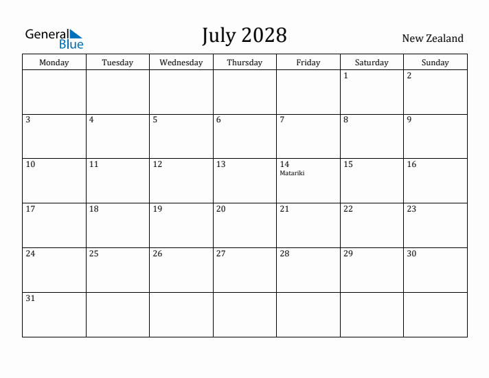 July 2028 Calendar New Zealand