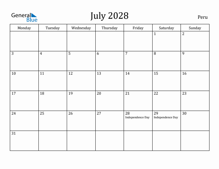 July 2028 Calendar Peru