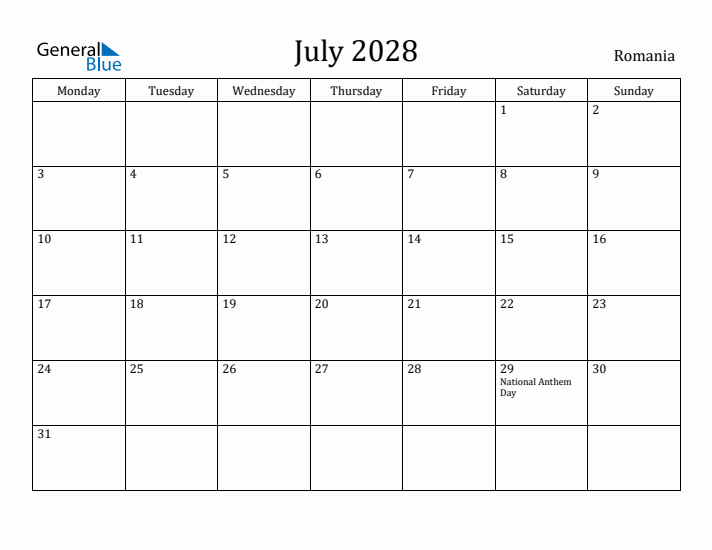 July 2028 Calendar Romania