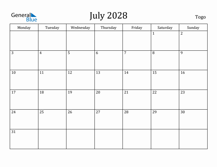 July 2028 Calendar Togo