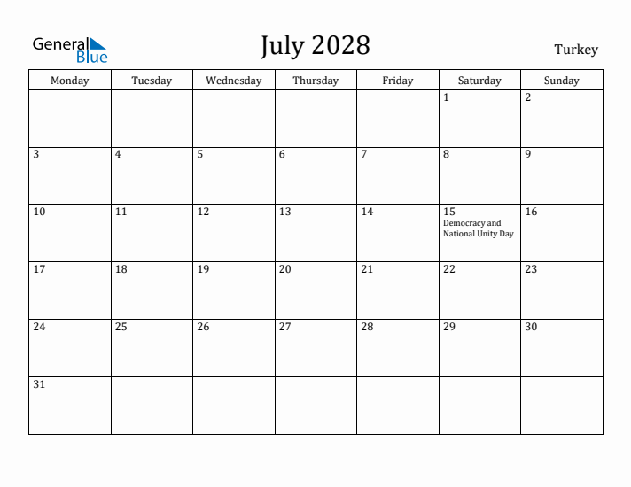 July 2028 Calendar Turkey