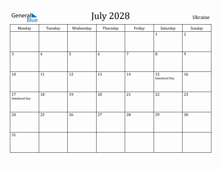 July 2028 Calendar Ukraine