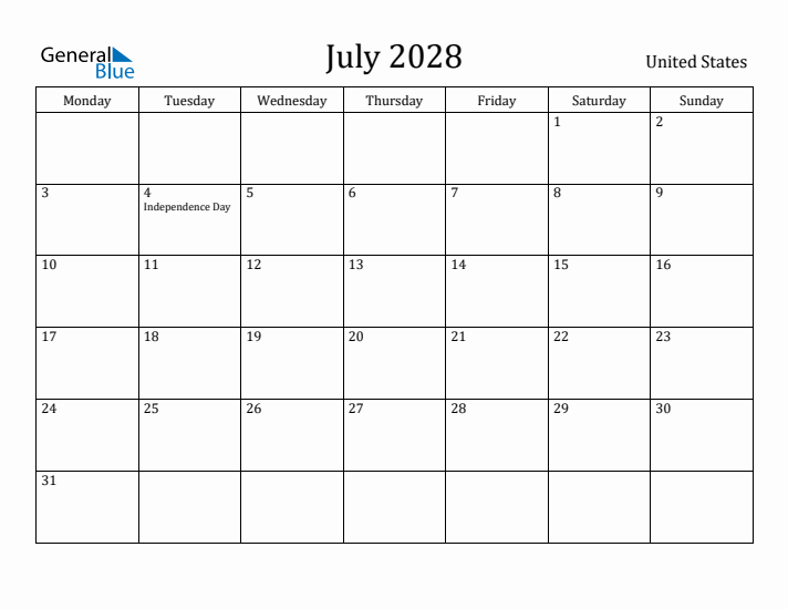 July 2028 Calendar United States