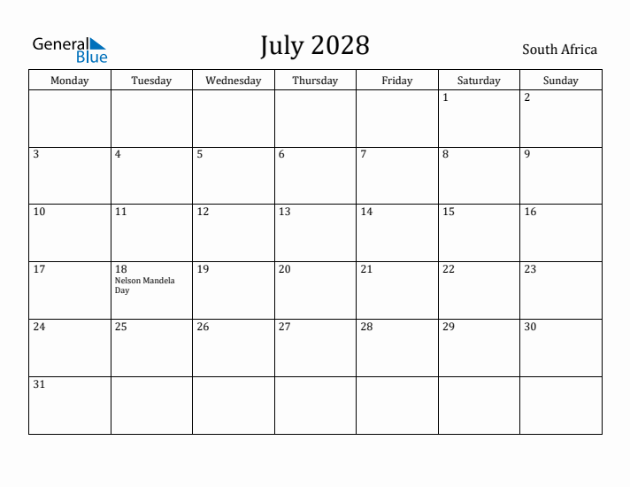 July 2028 Calendar South Africa