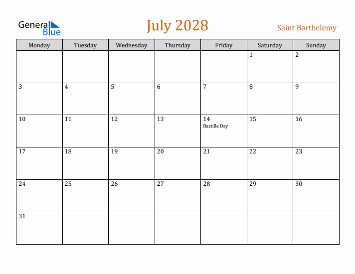 July 2028 Holiday Calendar with Monday Start