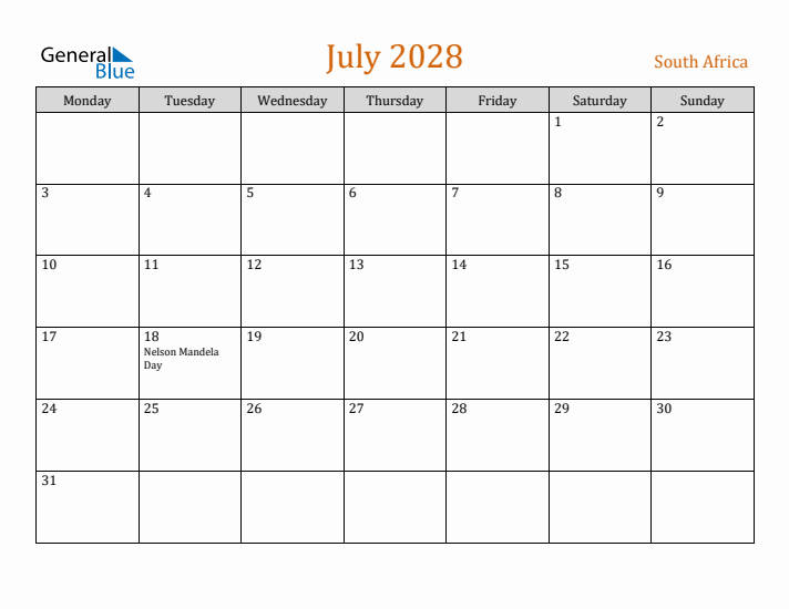 July 2028 Holiday Calendar with Monday Start