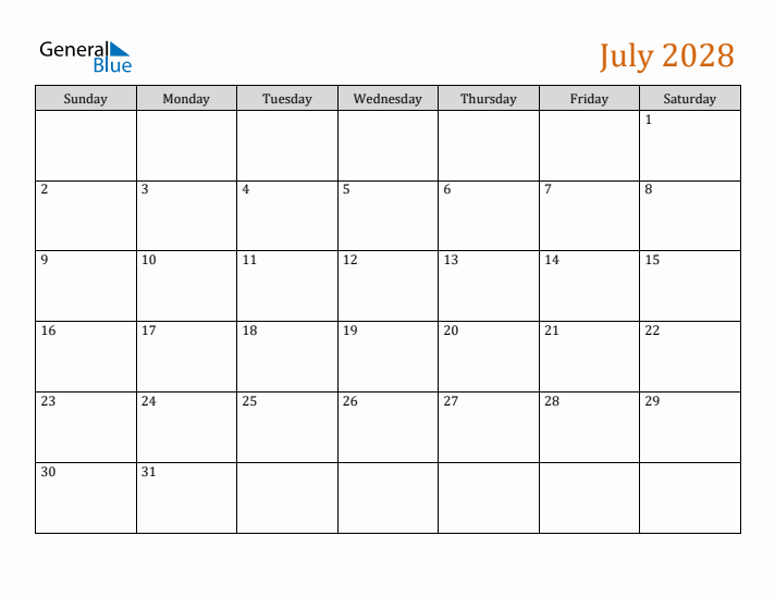Editable July 2028 Calendar