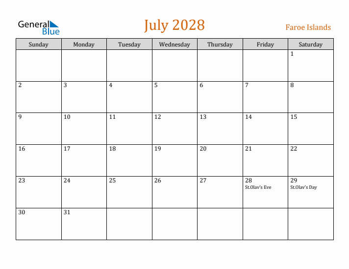July 2028 Holiday Calendar with Sunday Start