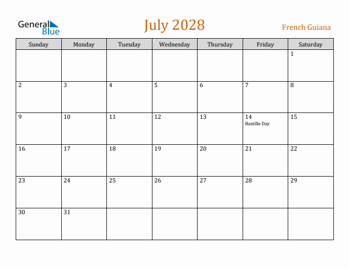 July 2028 Holiday Calendar with Sunday Start