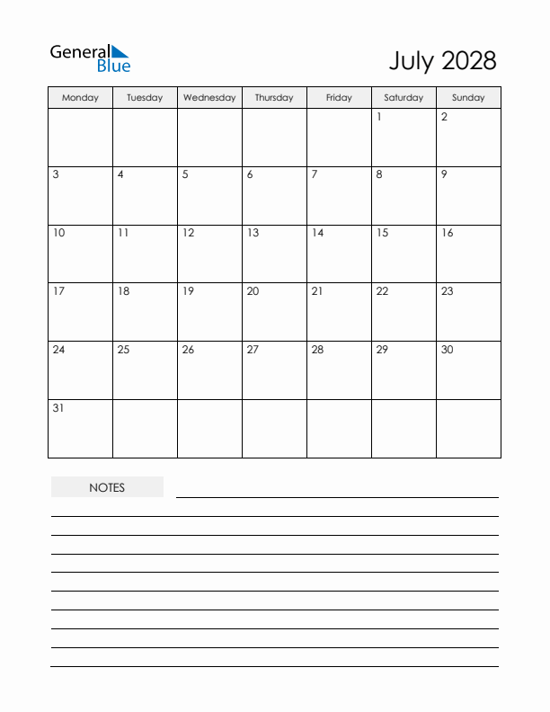Printable Calendar with Notes - July 2028 