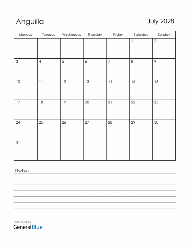 July 2028 Anguilla Calendar with Holidays (Monday Start)