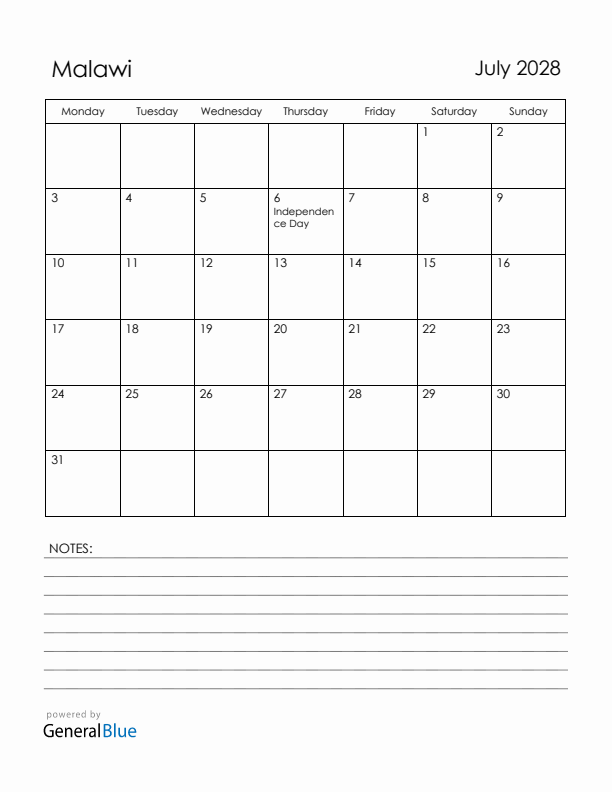 July 2028 Malawi Calendar with Holidays (Monday Start)