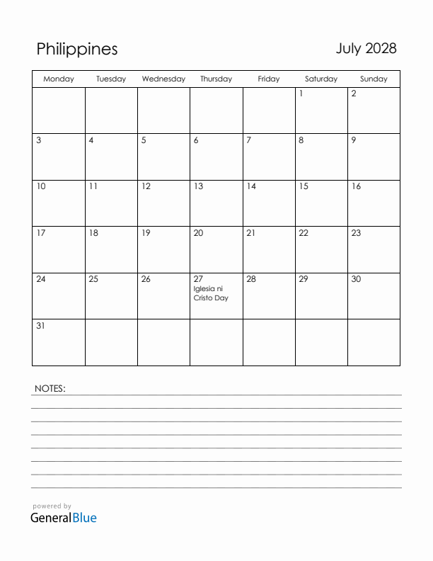July 2028 Philippines Calendar with Holidays (Monday Start)