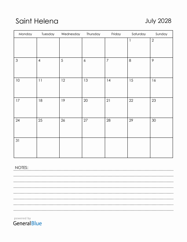 July 2028 Saint Helena Calendar with Holidays (Monday Start)