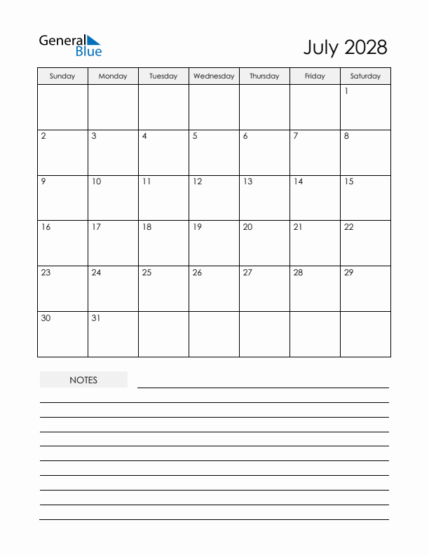 Printable Calendar with Notes - July 2028 