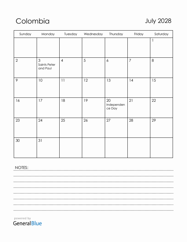 July 2028 Colombia Calendar with Holidays (Sunday Start)