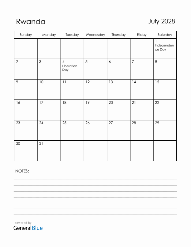 July 2028 Rwanda Calendar with Holidays (Sunday Start)