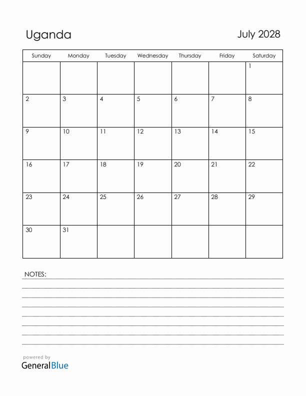 July 2028 Uganda Calendar with Holidays (Sunday Start)