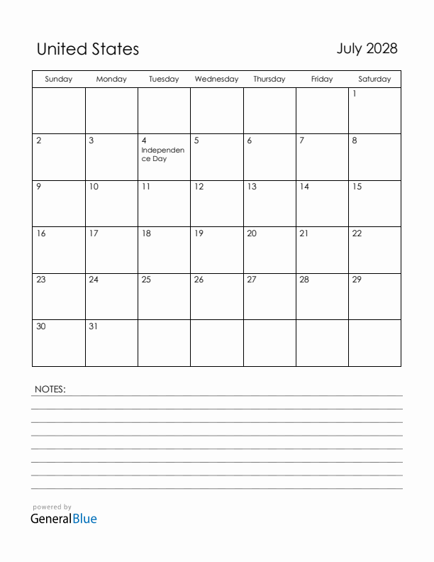 July 2028 United States Calendar with Holidays (Sunday Start)