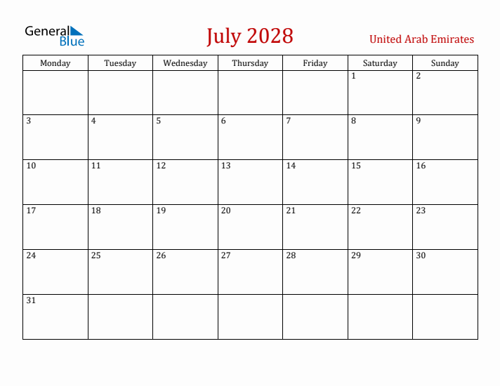 United Arab Emirates July 2028 Calendar - Monday Start