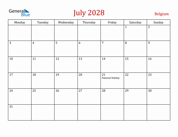 Belgium July 2028 Calendar - Monday Start