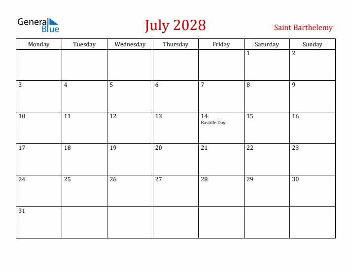 Saint Barthelemy July 2028 Calendar - Monday Start