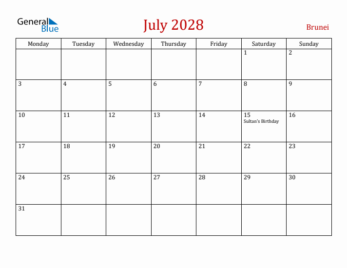 Brunei July 2028 Calendar - Monday Start