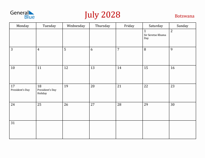 Botswana July 2028 Calendar - Monday Start
