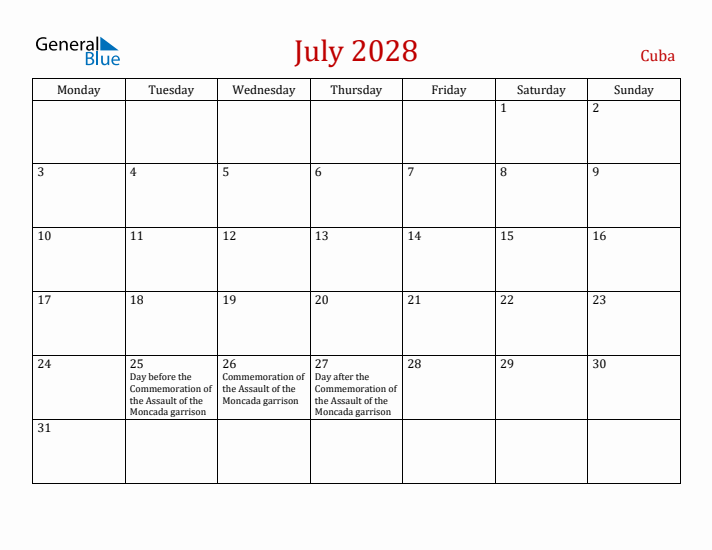 Cuba July 2028 Calendar - Monday Start