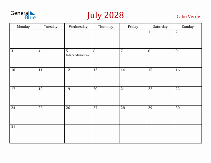 Cabo Verde July 2028 Calendar - Monday Start