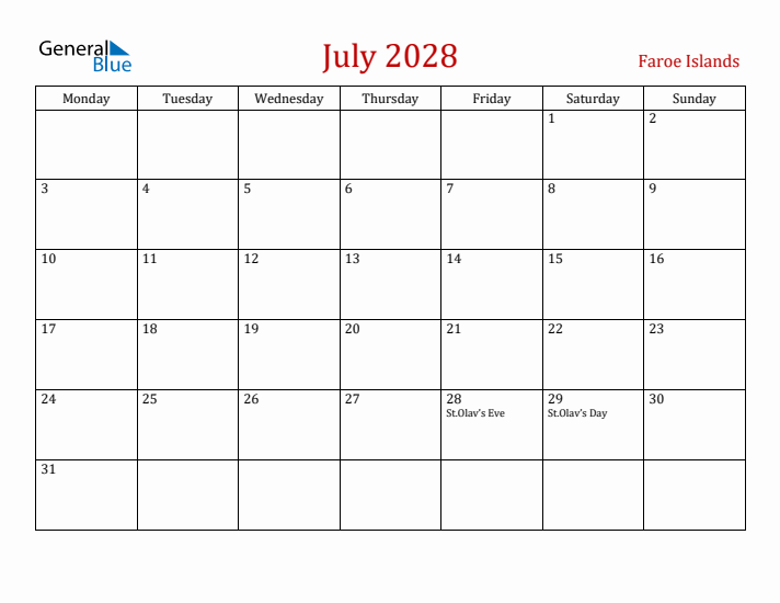 Faroe Islands July 2028 Calendar - Monday Start