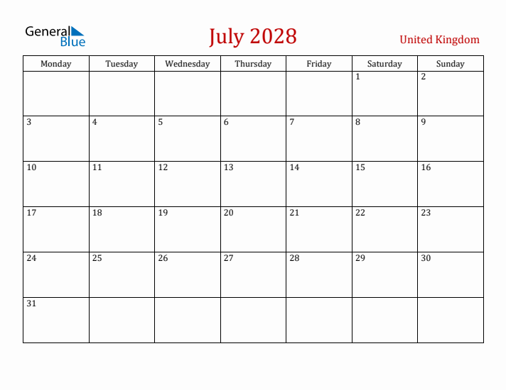 United Kingdom July 2028 Calendar - Monday Start