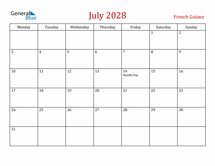 French Guiana July 2028 Calendar - Monday Start
