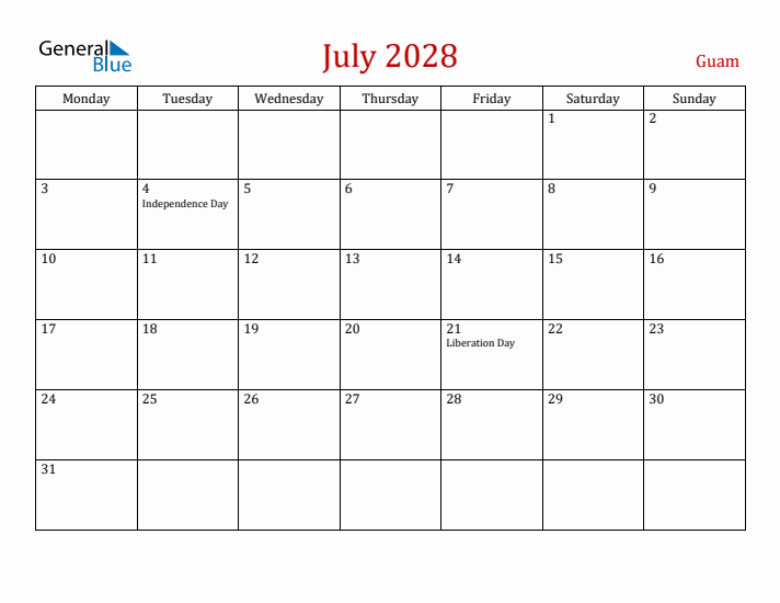 Guam July 2028 Calendar - Monday Start