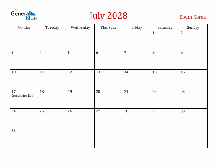 South Korea July 2028 Calendar - Monday Start
