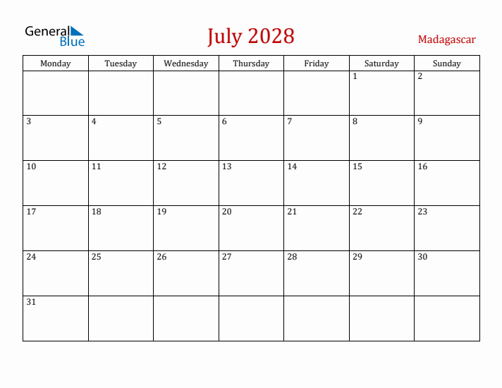 Madagascar July 2028 Calendar - Monday Start