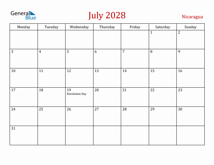 Nicaragua July 2028 Calendar - Monday Start