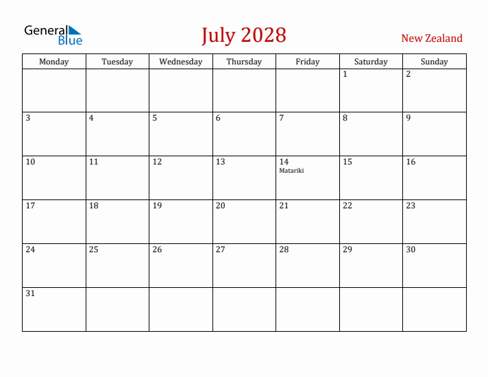 New Zealand July 2028 Calendar - Monday Start