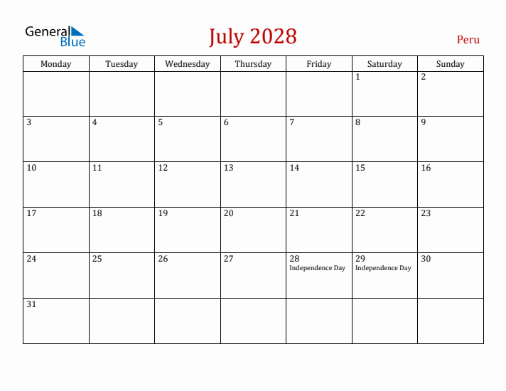 Peru July 2028 Calendar - Monday Start