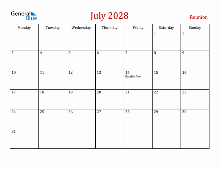 Reunion July 2028 Calendar - Monday Start