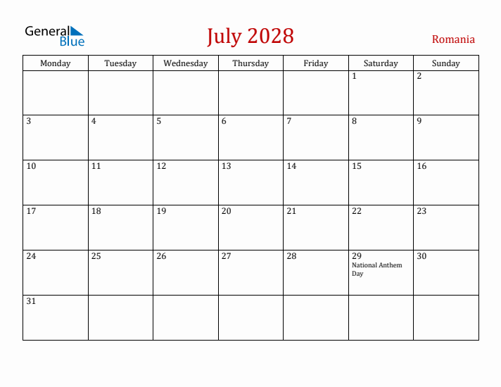 Romania July 2028 Calendar - Monday Start