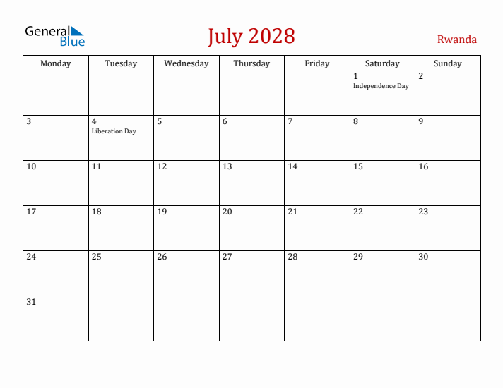 Rwanda July 2028 Calendar - Monday Start