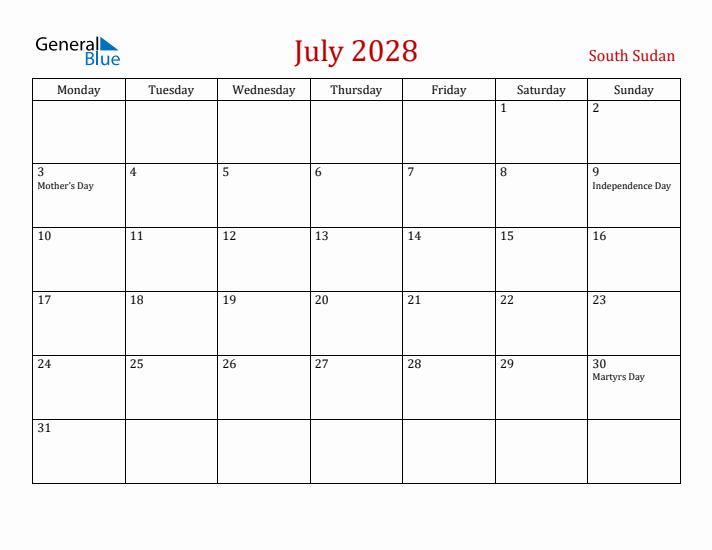South Sudan July 2028 Calendar - Monday Start
