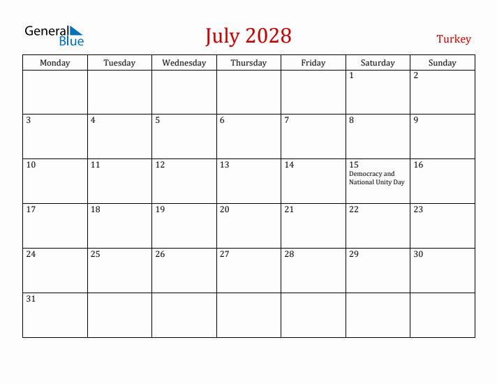 Turkey July 2028 Calendar - Monday Start