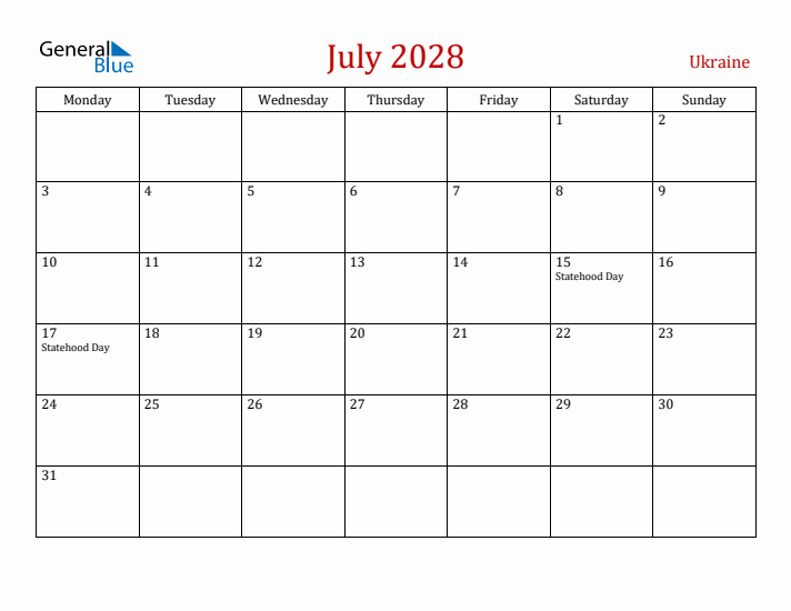 Ukraine July 2028 Calendar - Monday Start