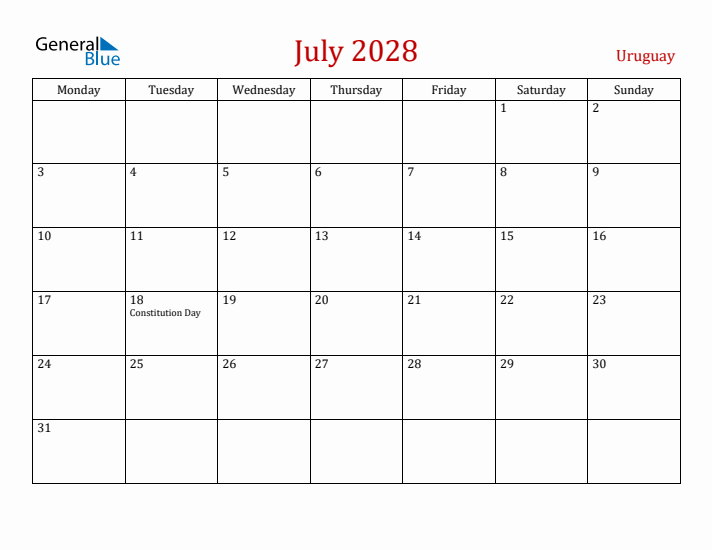 Uruguay July 2028 Calendar - Monday Start