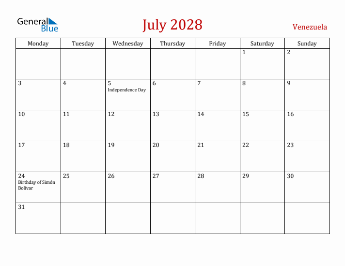 Venezuela July 2028 Calendar - Monday Start