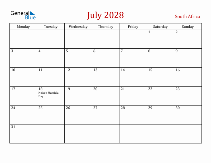 South Africa July 2028 Calendar - Monday Start