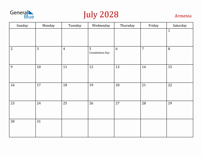 Armenia July 2028 Calendar - Sunday Start