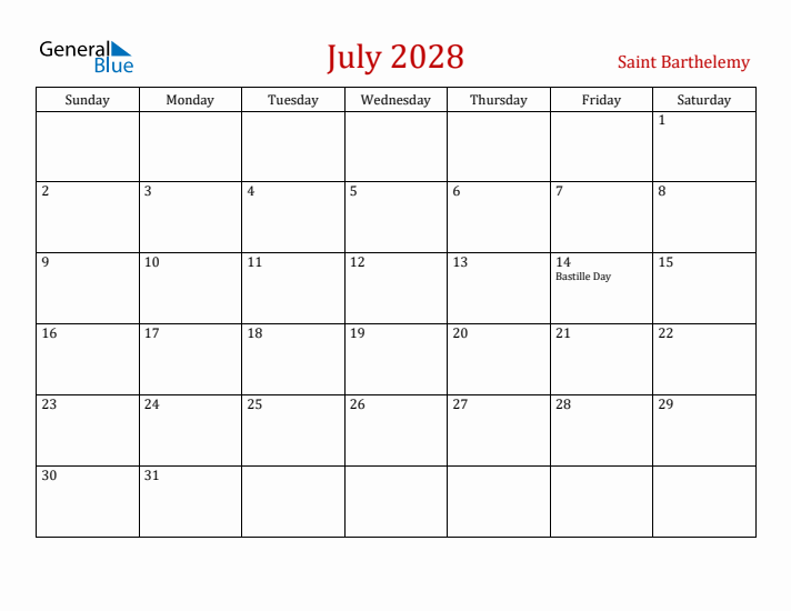 Saint Barthelemy July 2028 Calendar - Sunday Start